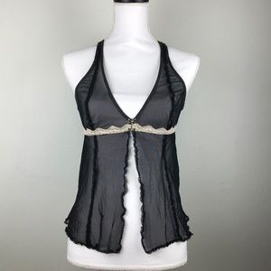 Clo Lace Ruffle Sheer Black and Beige Top L